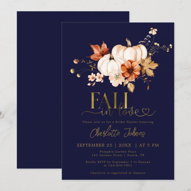 Invitation Gold Fall In Love Marine Cream Citrouille Fête des (Devant / Derrière)