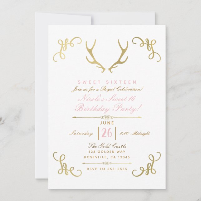 Invitation Gold Faux Foil Rustic Deer Antlers Sweet 16 Party (Devant)