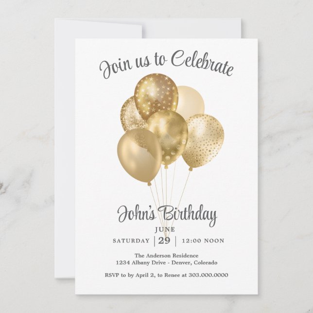 Invitation Gold Faux Glitter Balloon Birthday Party (Devant)