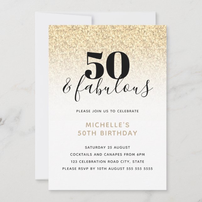 Invitation Gold Faux Parties scintillant 50 & Fabuleux 50e an (Devant)