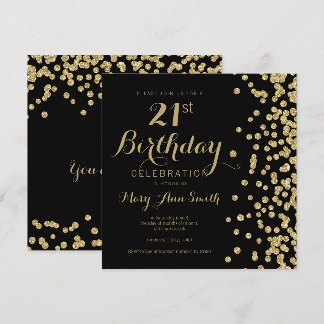 Invitation Gold Faux Parties scintillant Confetti Black 21e a (Devant / Derrière)