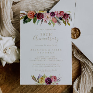 Invitation Gold Feather Boho Floral 50e Anniversaire de Maria