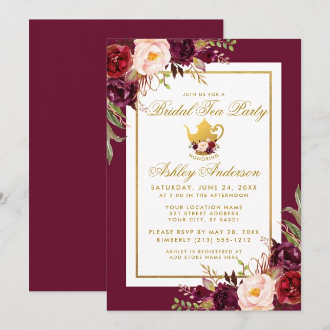 Invitation Gold Fête des mariées Tea Party Bourgogne Invitati (Devant / Derrière)
