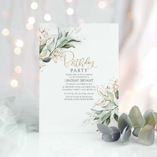 Invitation Gold Feuille Eucalyptus Vert doux Anniversaire