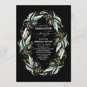 Invitation Gold Feuille Green Wreath Black Graduation