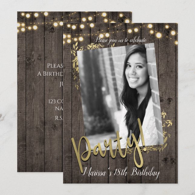 Invitation Gold Feuilles éclaire Rustic Dark Wood fête d'anni (Devant / Derrière)