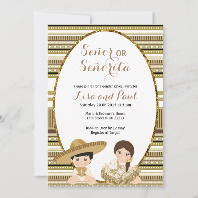Invitation Gold Fiesta Señor ou Señorita Genre Revela (Devant)