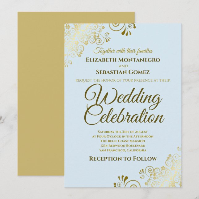 Invitation Gold Filigree Élégant Mariage officiel en poudre b (Devant / Derrière)