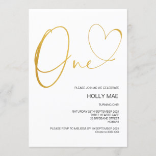 Invitation Gold First Birthday 1er Birthday Heart