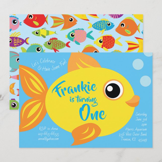 Invitation Gold Fish Aquarium 1er Anniversaire Cute Invitatio (Devant / Derrière)