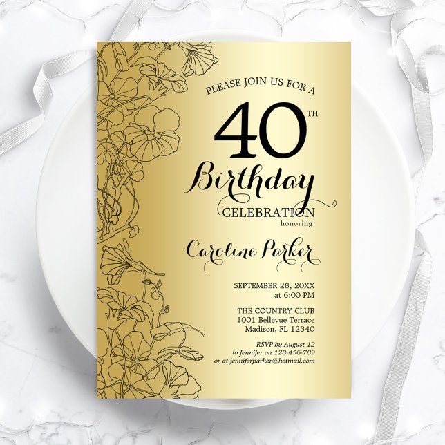 Invitation Gold Floral 40e fête d'anniversaire (Créateur téléchargé)