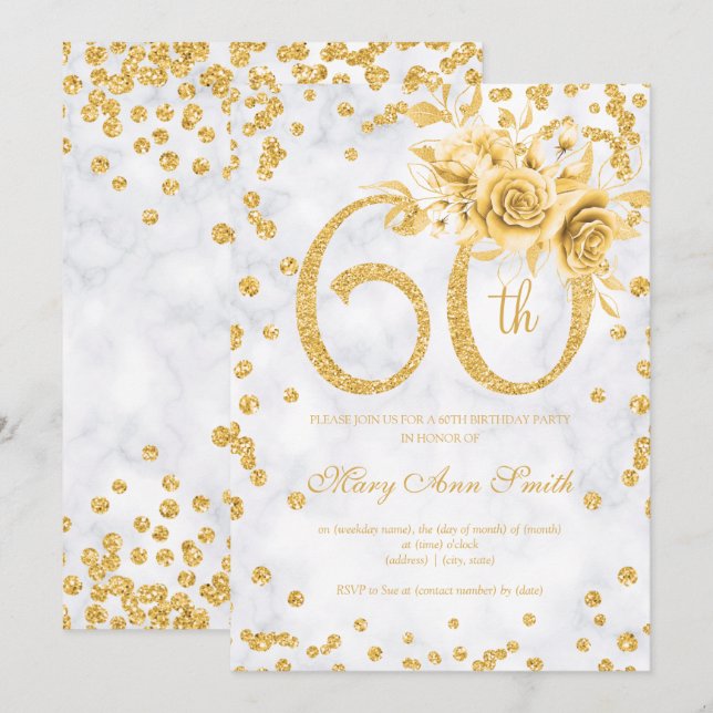 Invitation Gold Floral 60e anniversaire Lumières en argent (Devant / Derrière)