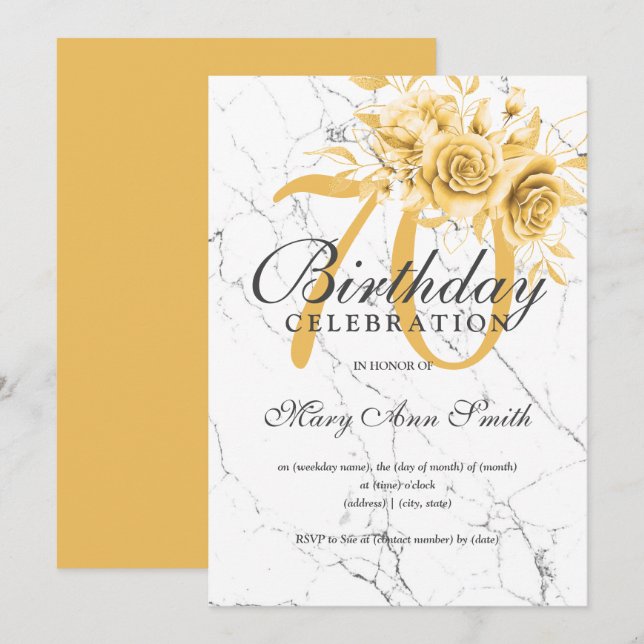 Invitation Gold Floral 70e Anniversaire Marbre de fête  (Devant / Derrière)