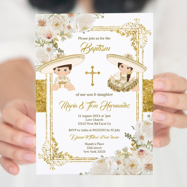 Invitation Gold Floral Baptême mexicain Fiesta Twin (Créateur téléchargé)