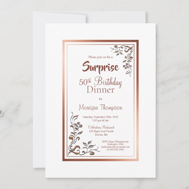 Invitation Gold Floral Border Surprise 50e anniversaire Dîner (Devant)