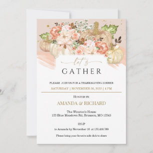 Invitation Gold Floral Citrouille Thanksgiving Dîner Invitati