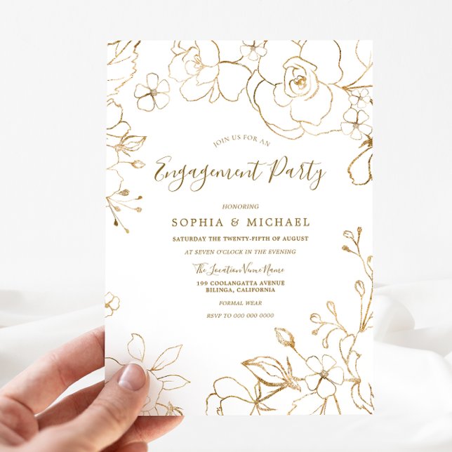 Invitation Gold Floral Elegant White Modern Engagement Party (Créateur téléchargé)
