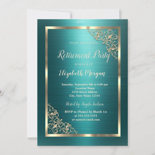 Invitation Gold Floral Frame Green Metallic Retirement (Devant)