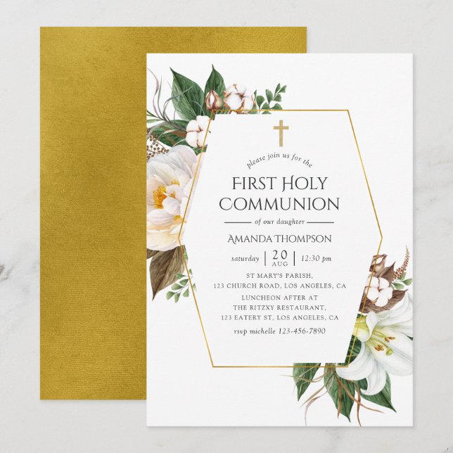 Invitation Gold Floral Géométrique Première Communion sainte (Devant / Derrière)