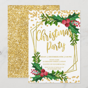 Invitation Gold Floral Holly Parties scintillant Noël Entrepr