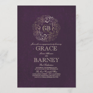 Invitation Gold Floral Monogramme Vintage Plum Engagement Par