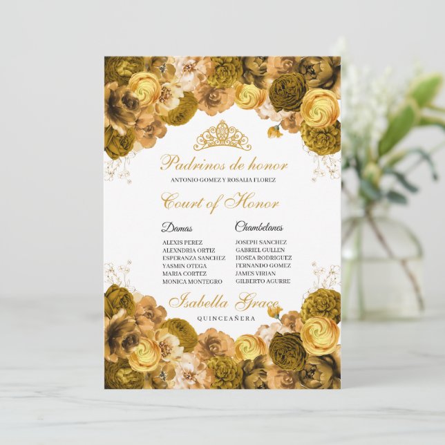 Invitation Gold Floral Quinceanera Cour d'honneur (Debout devant)