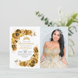 Invitation Gold Floral Quinceanera Photo Anniversaire