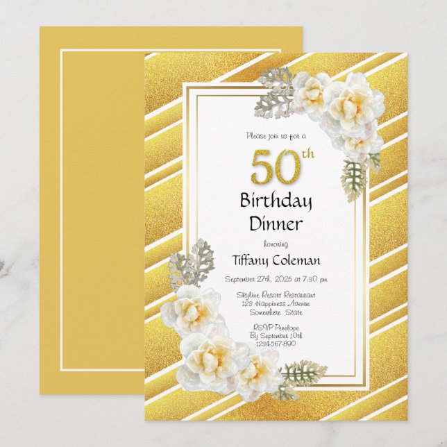 Invitation Gold Floral rayé 50e anniversaire Dîner fête (Devant / Derrière)