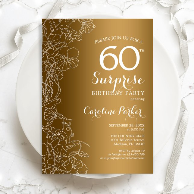 Invitation Gold Floral Surprise 60e fête d'anniversaire (Créateur téléchargé)