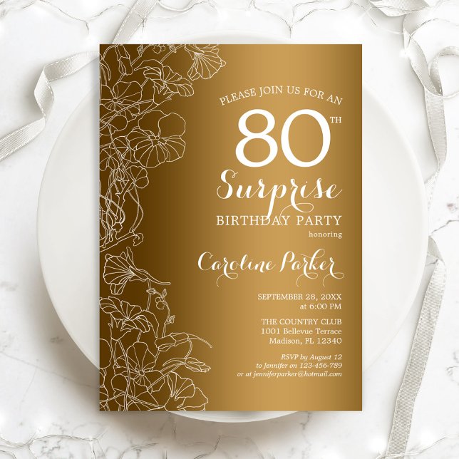 Invitation Gold Floral Surprise 80e fête d'anniversaire (Créateur téléchargé)