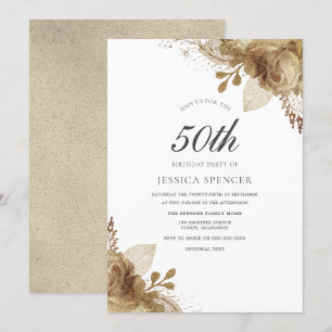 Invitation Gold Floral Womans Hommes 50e anniversaire Invitat