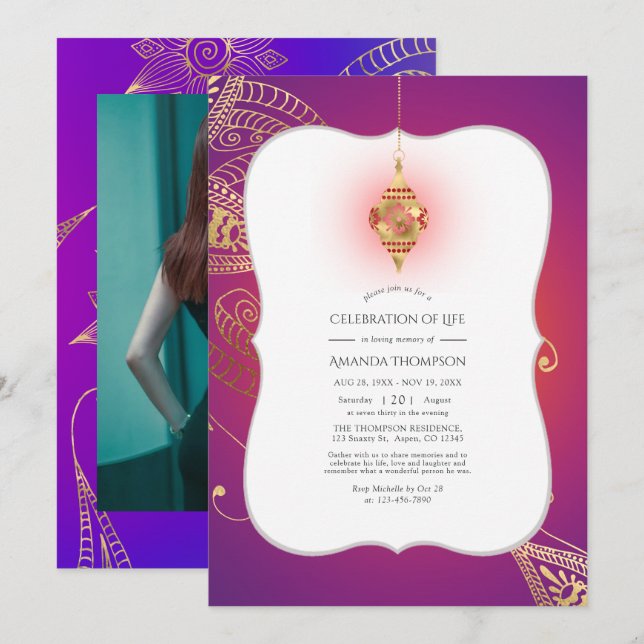 Invitation Gold Foil Arabian Bollywood Célébration de la vie (Devant / Derrière)