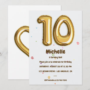 Invitation Gold Foil Balloon et Confetti 10e fête d'anniversa