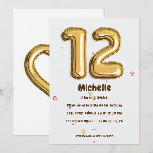 Invitation Gold Foil Balloon et Confetti 12e fête d'anniversa (Devant / Derrière)