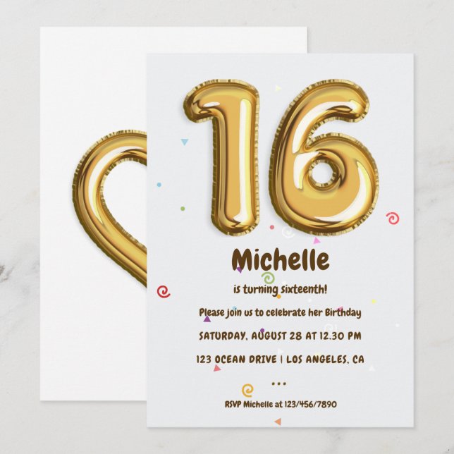 Invitation Gold Foil Balloon et Confetti 16e fête d'anniversa (Devant / Derrière)