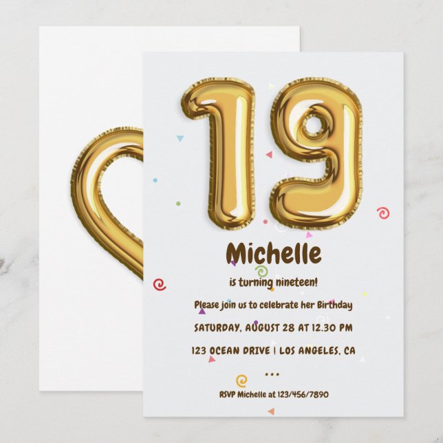 Invitation Gold Foil Balloon et Confetti 19e fête d'anniversa (Devant / Derrière)