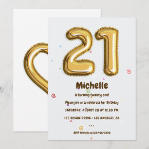 Invitation Gold Foil Balloon et Confetti 21e fête d'anniversa
