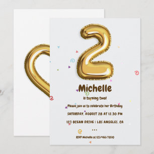 Invitation Gold Foil Balloon et Confetti 2e fête d'anniversai