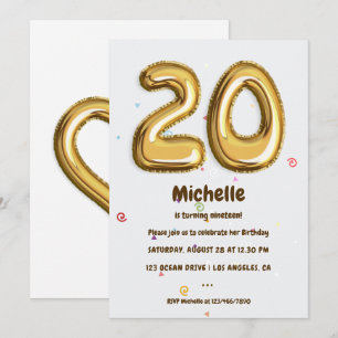 Invitation Gold Foil Balloon et Confetti fête de 20e annivers