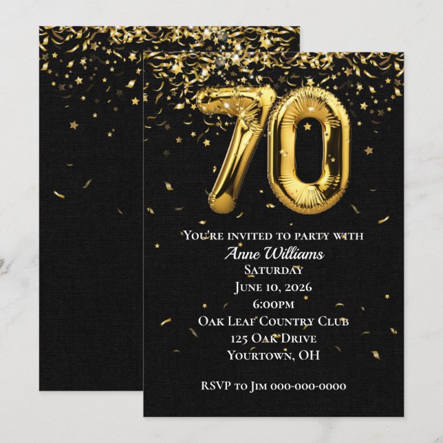 Invitation Gold Foil Balloons 70e Anniversaire Fête Invitatio (Devant / Derrière)