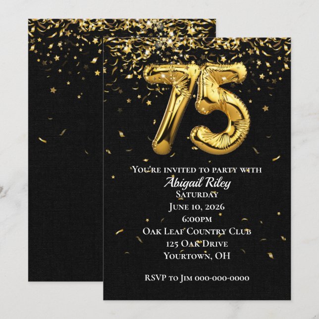 Invitation Gold Foil Balloons 75e anniversaire de fête Invita (Devant / Derrière)