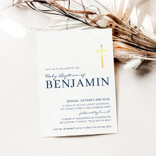 Invitation GOLD FOIL CROSS moderne baptême minimaliste marine