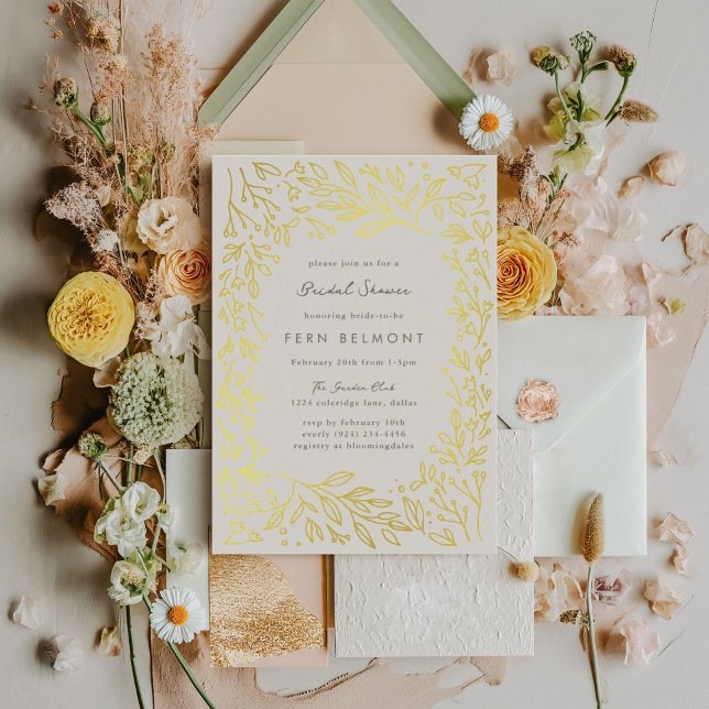 Invitation Gold Foil Fête des mariées de jardin do (Golden gilded garden floral gold foil bridal shower invitations.)