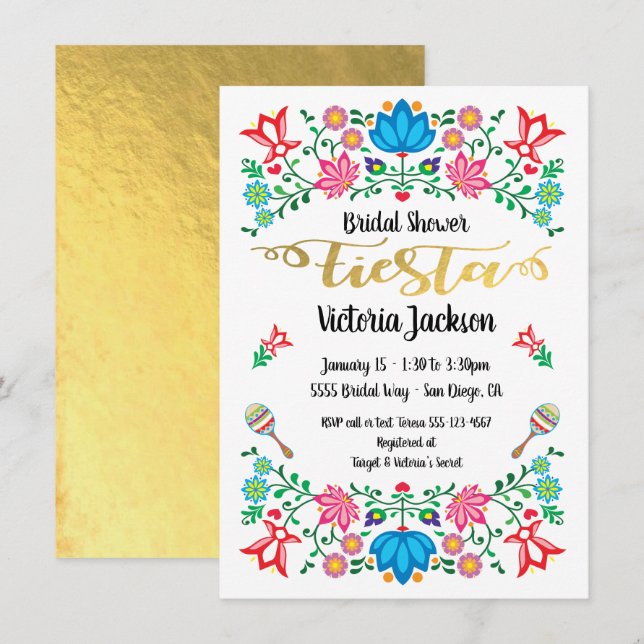 Invitation Gold Foil Floral Fête des mariées mexicaine Fiesta (Devant / Derrière)
