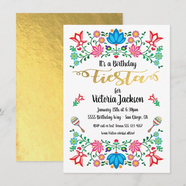Invitation Gold Foil Floral Fête mexicaine Anniversaire (Devant / Derrière)