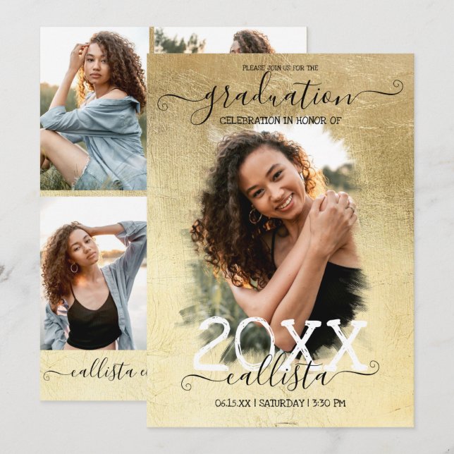 Invitation Gold Foil Halo Photo Collage Graduation (Devant / Derrière)