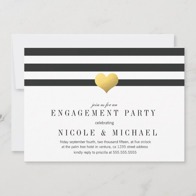 Invitation Gold Foil Heart + Stripes Engagement Party (Devant)