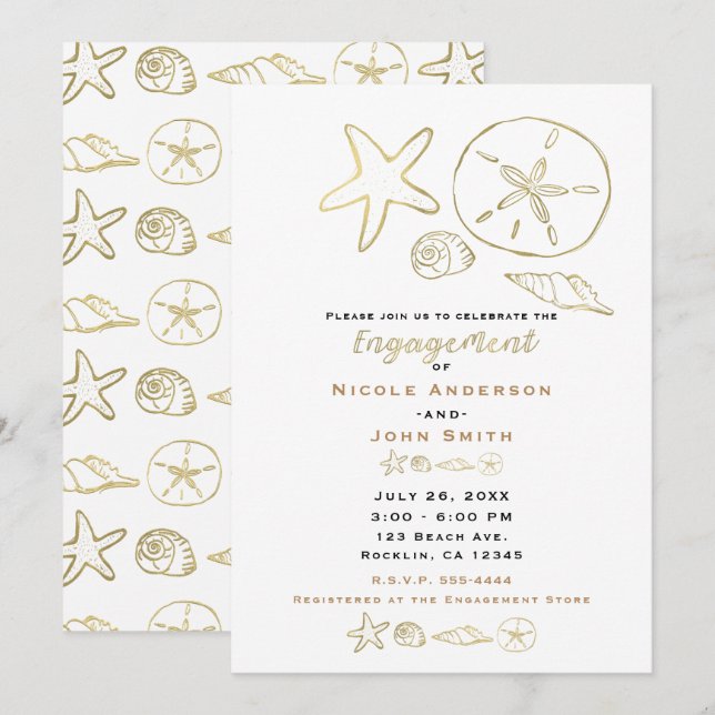Invitation Gold Foil Look Sea Shells Chic Beach Fiançailles (Devant / Derrière)