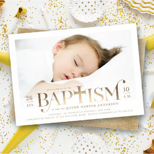 Invitation Gold Foil Modern Bold Cross Style Baptême photo