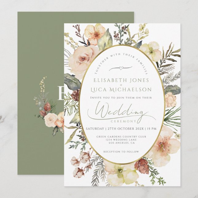 Invitation Gold Foil Sage Vert Noël Monogramme Mariage (Devant / Derrière)